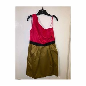 One shoulder Pink and Green Party dress